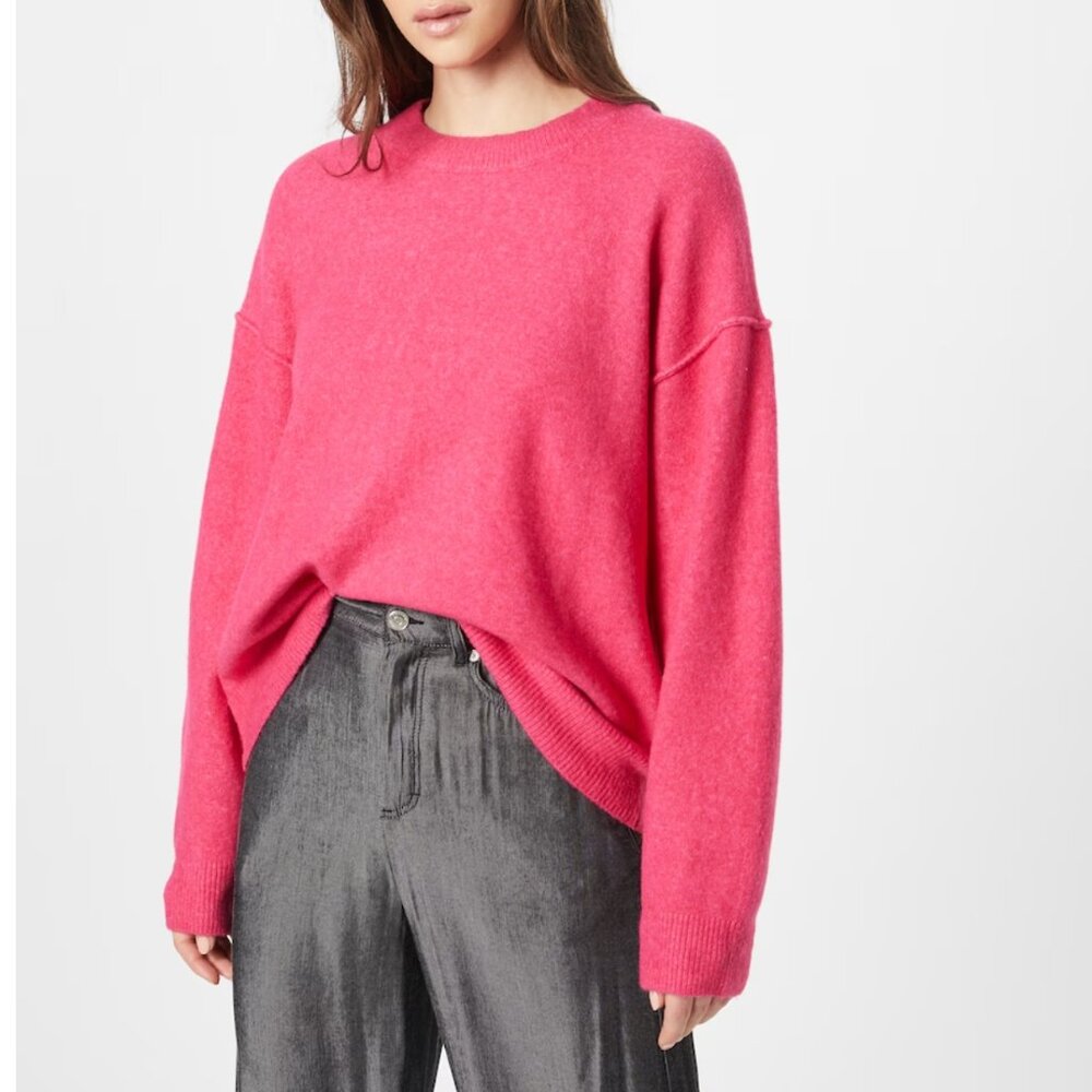 Weekday Bright Pink Annie Chunky Knit Oversized Crewneck Sweater Wool Blend sz S